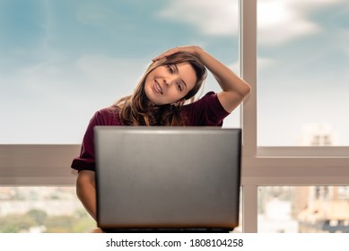 trapezius stretching at home office - Shutterstock ID 1808104258