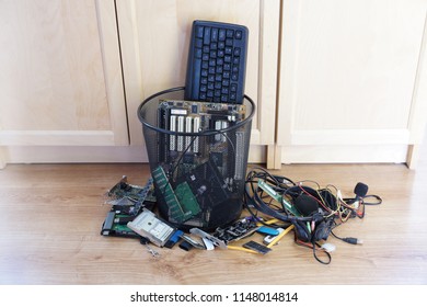 A Trash Bin Filled With Worn-out Computer Components. E Scrap.