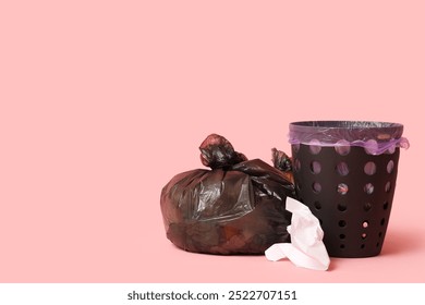 Trash bin and garbage bags on pink background - Powered by Shutterstock