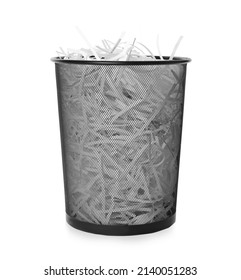 Trash Bin With Shredded Paper Strips Isolated On White