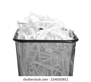 Trash Bin With Shredded Paper Strips Isolated On White