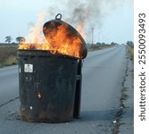 A trash can is in the middle of the street, contains trash, and is on fire.	