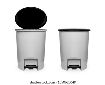 Trash Can With Plastic Black Isolated On White Background With Clipping Path. Beautiful Grey Empty Refuse Bin (Garbage Can) For Clean. Two Plastic Trash Cans Or Bin Black And Gray One Open, One Closed