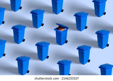 Trash cans pattern in pastel background. Plastic plugs in one garbage can represents pollution and recycle material. 
Environment awareness and recycle minimal concept. - Shutterstock ID 2146233107