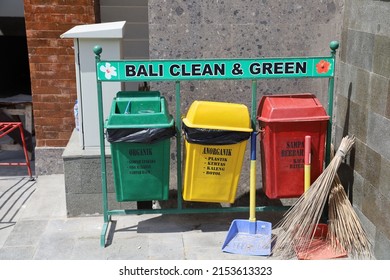 Trash Cans With Yellow, Green And Red Colors For Waste According To Its Classification, Namely Organic Waste, Inorganic Waste And Hazardous Waste In Bali, Indonesia On May 7, 2022