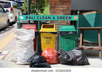 Trash Cans With Yellow, Green And Red Colors For Waste According To Its Classification, Namely Organic Waste, Inorganic Waste And Hazardous Waste In Bali, Indonesia On May 7, 2022