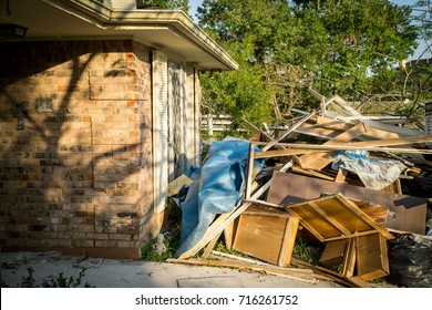 Trash And Debris Laying Outside A Houston Home After Hurricane Harvey 