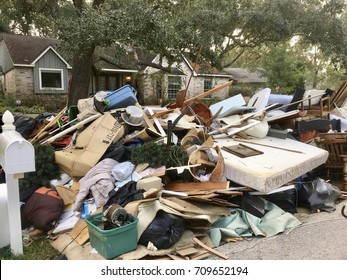 Trash Pile Of Damaged House Hold Items Due To Flooding In Houston, Texas From Hurricane Harvey (2017)