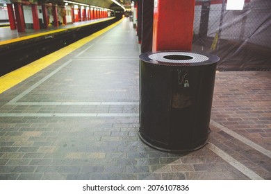 Trash In Platform Subway Train In Downtown Boston