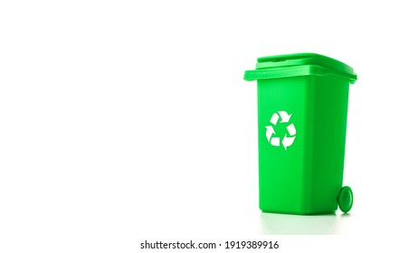 Trash Recycle. Bin Container For Disposal Garbage Waste And Save Environment. Green Dustbin For Recycle Glass Can Trash Isolated On White Background