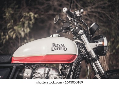 Trat, THAILAND -FEB 9, 2020: ROYAL ENFIELD motorcycle brand and logos at the motorcycle body.