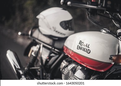 Trat, THAILAND -FEB 9, 2020: ROYAL ENFIELD motorcycle brand and logos at the motorcycle body.