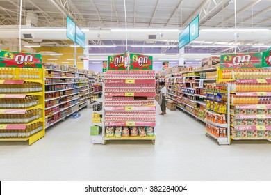 Trat, Thailand - January 22, 2016: Aisle view of a Tesco Lotus supermarket on January 22, 2016. Tesco is the world's second largest retailer with 6,531 stores worldwide.