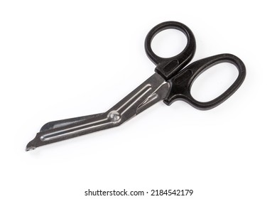 Trauma Shears With One Serrated Blade For Cutting Clothing Of Injured People On A White Background
