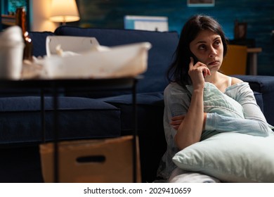 Traumatised, Unhappy, Desperate, Alone Woman Talking At Phone, Receving Tragic New, Feeling Emotionally Unstable, Scared, Lonely, Sadness, Vulnerable Suffering From Chronic Disease. Worried Reaction