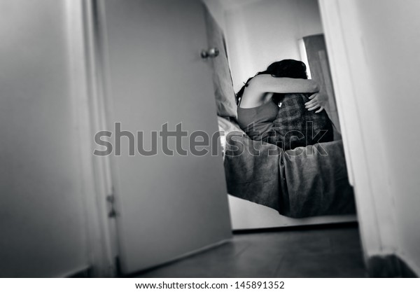 Traumatized Woman Sit On Bed Bedroom Stock Photo (Edit Now) 145891352