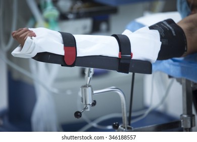 Traumatology Orthopedic Surgery Hospital Emergency Operating Room Prepared For Arthroscopy Operation Photo Of Immobilized Arm.