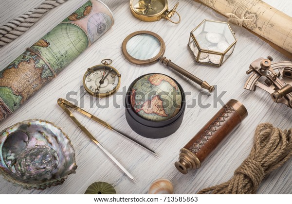 Travel Accessories On Desk Exploration Nautical Stock Photo Edit