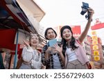 Travel adventures with friends capturing moments in a vibrant market urban setting candid joyful atmosphere