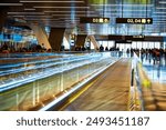 Travel, airport and terminal for departure or arrival with boarding gate, signage or passenger for immigration. Walkway, path and people in waiting area for international flight or delay in flight