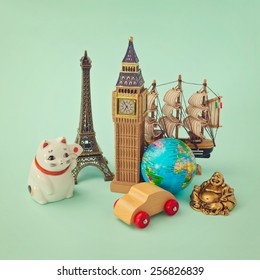 Travel Around The World Concept. Souvenir Form Around The World. Retro Filter Effect