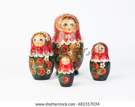 Travel around the world for your colorful life .Enjoy the funny trip journey .Top view for copy space some idea your create destination .object  cute  , Set of matrioshka dolls on white background.