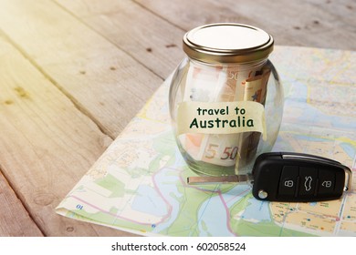 Travel Australia By Car - Money Jar, Car Key And Roadmap