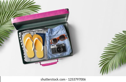 Travel bag background concept. Style background with opened suitcase. 