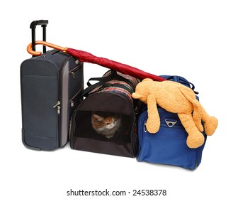 Travel Bags And Pet Carrier Isolated Over White Background