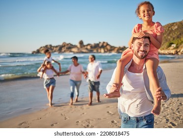 Travel, Beach And Happy Family Bonding And Walking Along The Ocean, Laughing And Talking In Nature. Love, Freedom And Children Looking Excited With Parents And Grandparents On Sea Vacation In Mexico