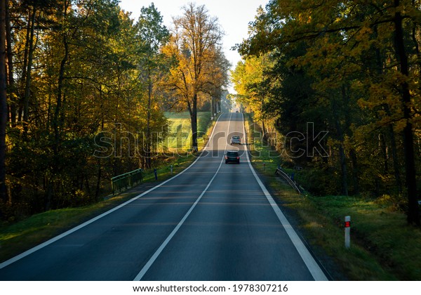 Travel with
beautiful driving routes in Europe, asphalt roads and cars, with
big trees changing color in autumn, rural views in the morning. The
atmosphere is fresh and
clear.