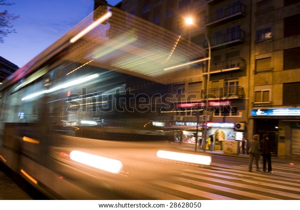 Travel bus. Bus in action at\
night