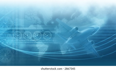 travel and business design background,landing airliner in the blue sky in the background clocks describing diferent times on earth and binary data codes, tech lines - Powered by Shutterstock - Get 15% off with code: PIKWIZARD15