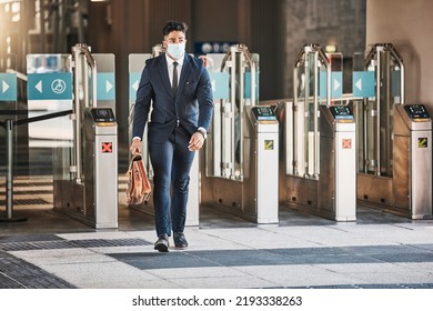 Travel Business Man During Covid Arriving In Urban City At Bus, Train Or Airport Terminal. Corporate Businessman, Employee Or Worker With Suitcase Walking In The Street To Hotel Or Meeting With Mask