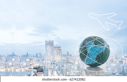 Travel By Airplane, Air Ticket Agent Concept. Mock Up The Globe And International Air Flight Icon With Business City Background.