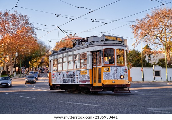 Travel by Portugal. Old tramway on the street of\
Lisbon. 3d of December\
2019.