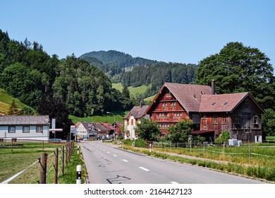 Travel By Switzerland. Swiss Architecture. Ancient Wooden House.