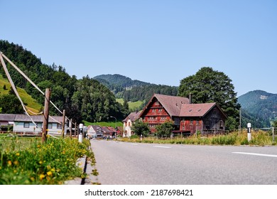 Travel By Switzerland. Swiss Architecture. Ancient Wooden House.