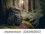 Travel camping backpack or military hunting bag leaning against a tree on the forest floor. Travel, hiking and camping concept, copy space for text.