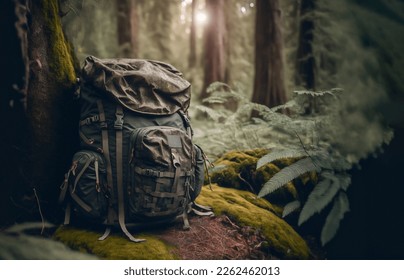 Travel camping backpack or military hunting bag leaning against a tree on the forest floor. Travel, hiking and camping concept, copy space for text. - Powered by Shutterstock