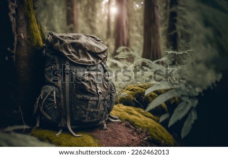 Travel camping backpack or military hunting bag leaning against a tree on the forest floor. Travel, hiking and camping concept, copy space for text.