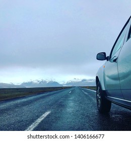 Travel car Jorney. Caught somewhere in the middle of an Iceland at cloudy and rainy day