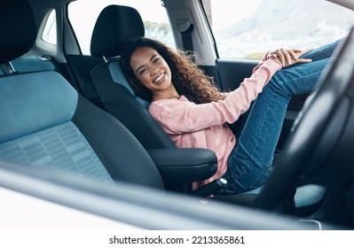 Travel, Car Passenger And Black Woman Relax On Road Trip For Fun Journey, Peace Or Open Road Freedom. Happy, Smile And Portrait Of Gen Z Girl In SUV Van For Transportation Adventure In San Francisco