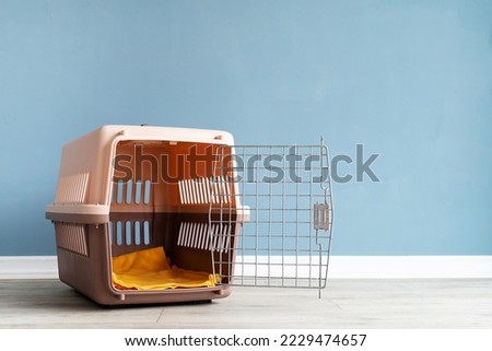 Travel carrier box for animals. Opened plastic pet carrier or pet cage with yellow rug on the floor at home blue wall, copy space