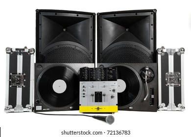 Travel Cases,dj Turn Table With Vinyl Records,professional Sound Mixer Controller,vocal Microphone,audio Speakers.Pro Audio Equipment For Musician On Tour.Isolated On White.Disc Jockey Gear