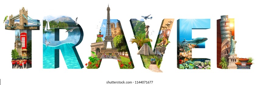 Travel. Collage of famous places of the world. Element for Advertisement, postcard, poster, and more. Isolated on white 