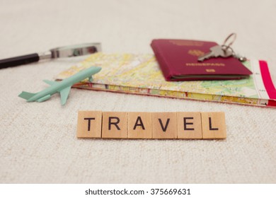 Travel Concept With Airplane, Map And Passport - Still Life Image For Travel Tips, City Trip Advice, Packing List Articles