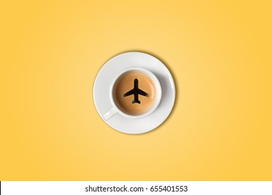 The travel concept. The airport coffee cup. Top view