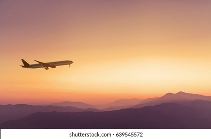 travel concept background, airplane in sunset sky, international flight - Shutterstock ID 639545572