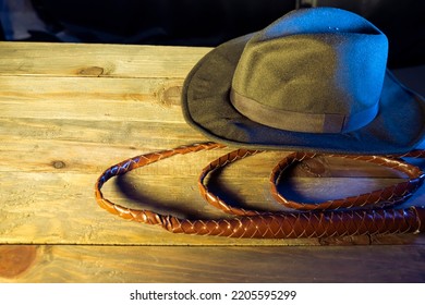 Travel Concept Background Indiana Jones Style Hat And The Whip